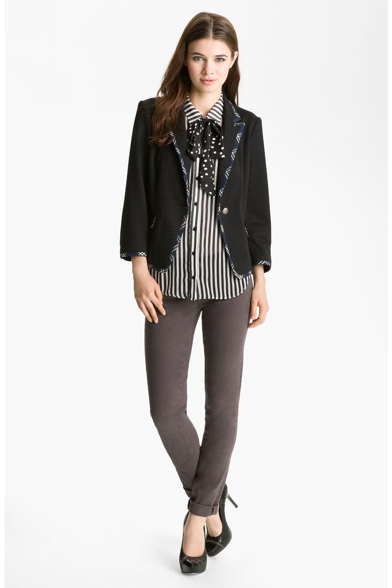 Mix Print Tie Neck Shirt, Alternate, color, BLACK/ WHITE STRIPE