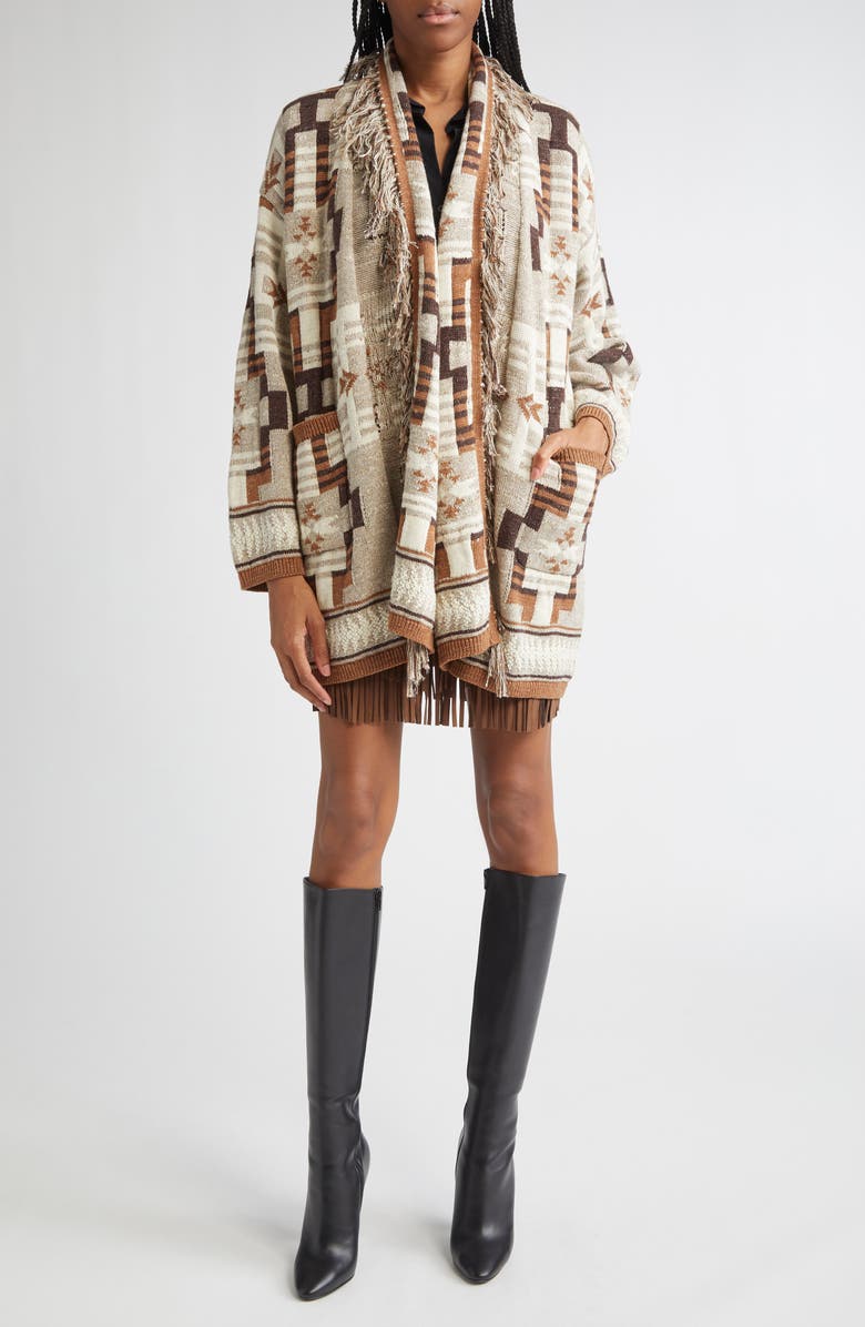 L'AGENCE Jair Geo Pattern Fringe Cardigan, Alternate, color, Natural Multi