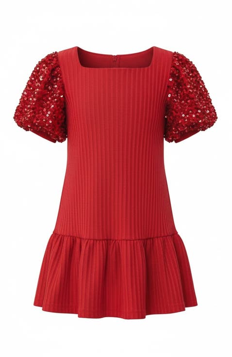Sequin Puff Sleeve Cute Dress (Toddler, Little Kid & Big Kid)