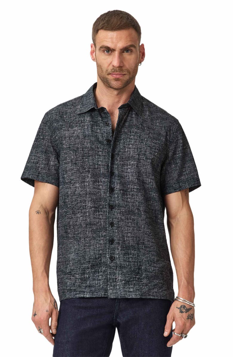 John Varvatos Malon Mélange Short Sleeve Cotton Seersucker Button-Up Shirt, Alternate, color, Navy