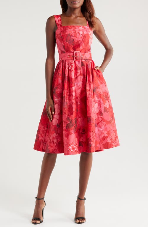 Tahari ASL Crinkled Floral Midi Dress in Crimson Floral 