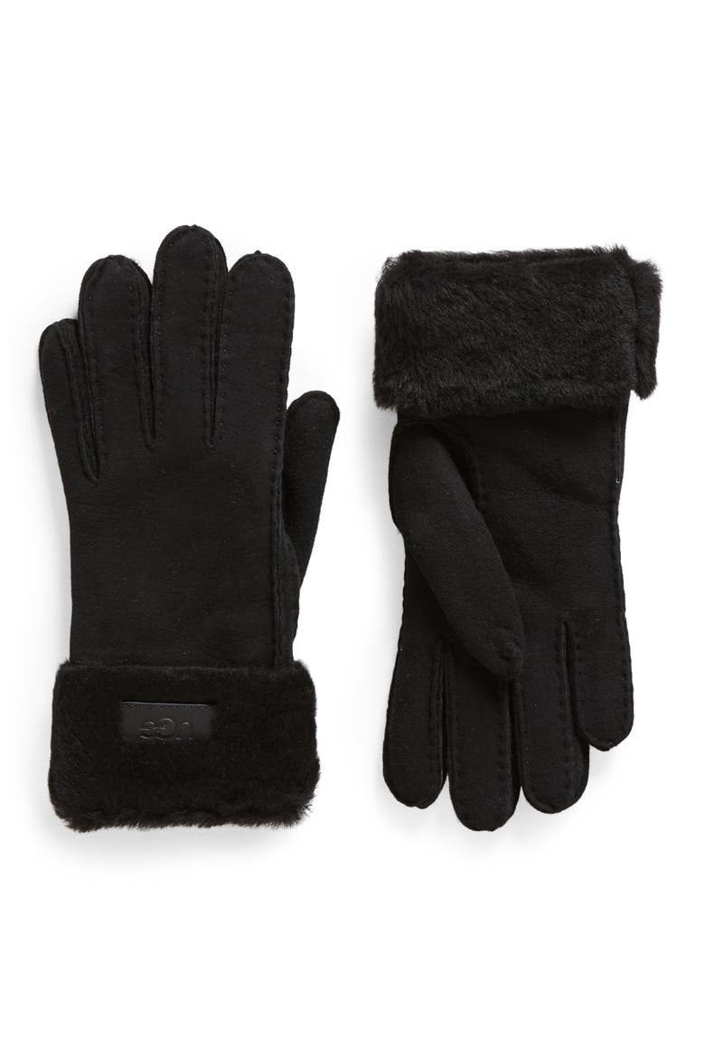 Genuine Shearling Turn Cuff Gloves, Main, color, BLACK