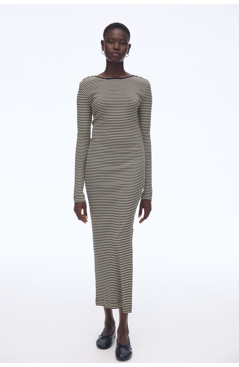 H&M Ribbed Scoop-back Dress, Alternate, color, Black/Beige Striped