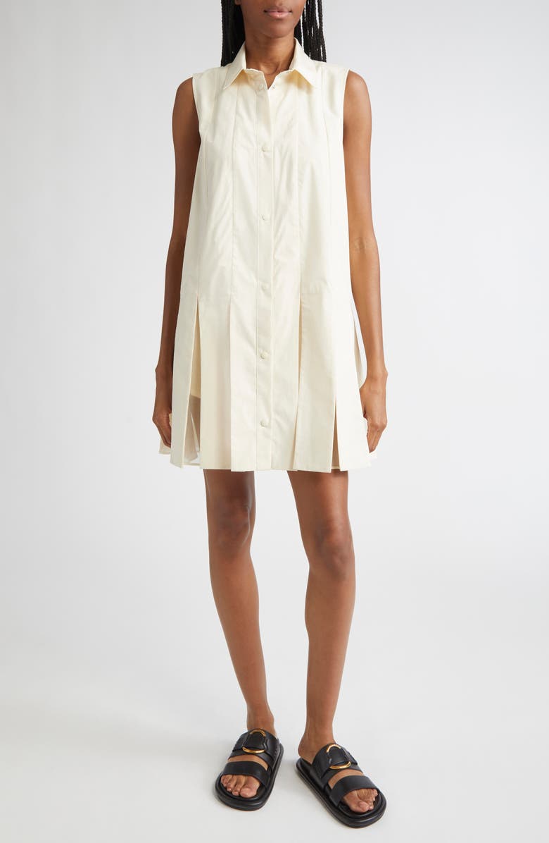 Moncler Pleated Organic Cotton Poplin & Silk Organza Mini Shirtdress, Main, color, White