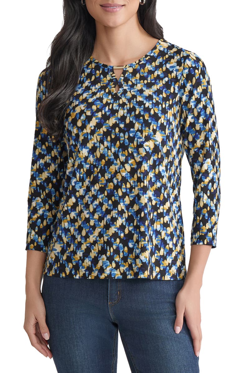 Jones New York Abstract Keyhole Three-Quarter Sleeve Crepe Top, Main, color, Jones Black Multi