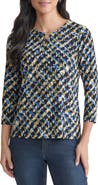 Jones New York Abstract Keyhole Three-Quarter Sleeve Crepe Top
