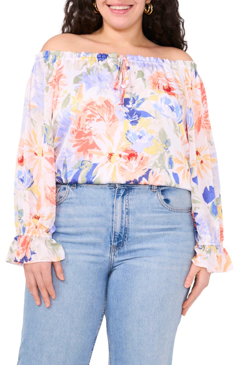 Vince Camuto Floral Keyhole Off the Shoulder Top, Main, color, Ultra White