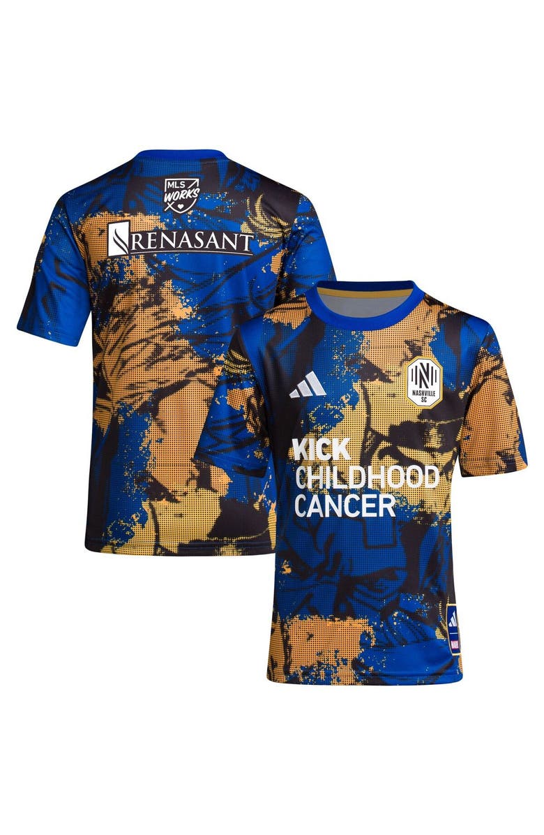 adidas Youth adidas Royal Nashville SC 2023 MLS Works Kick Childhood Cancer x Marvel Pre-Match Top, Main, color,