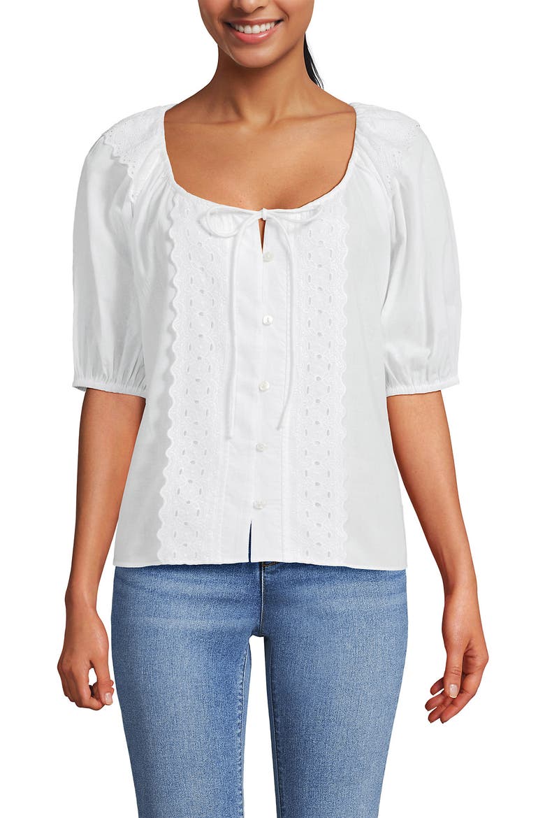 Voile Puff Elbow Sleeve Embroidered Blouse, Alternate, color, White