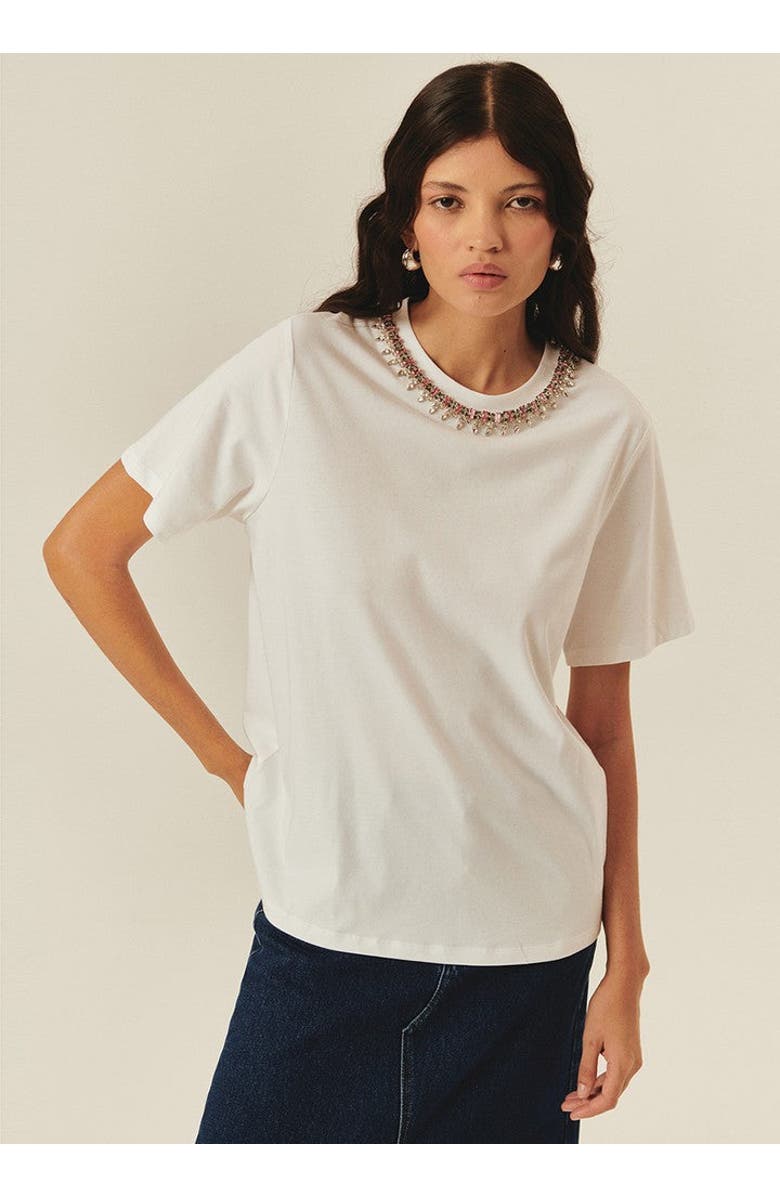 Exquise Sunny Crystal Embellished Crew Neck Knit T, Main, color, White