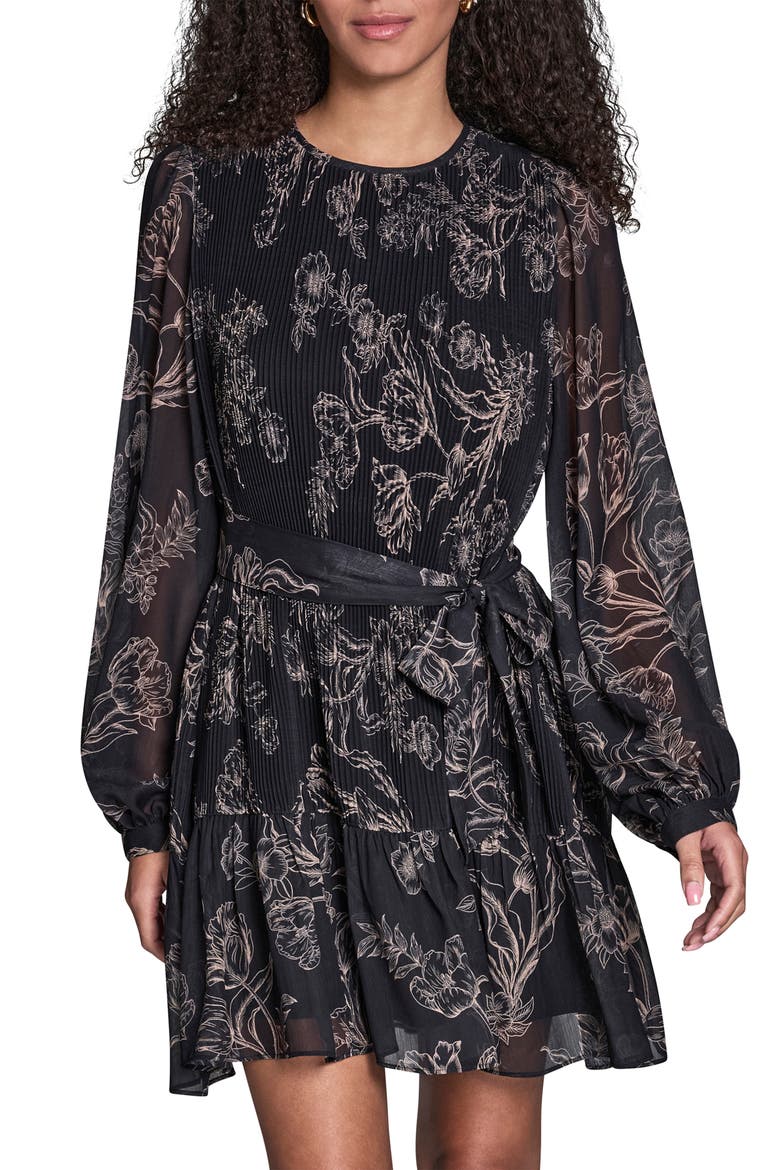 Floral Pleated Chiffon Long Sleeve Dress, Alternate, color, BLACK/ MOONLIGHT