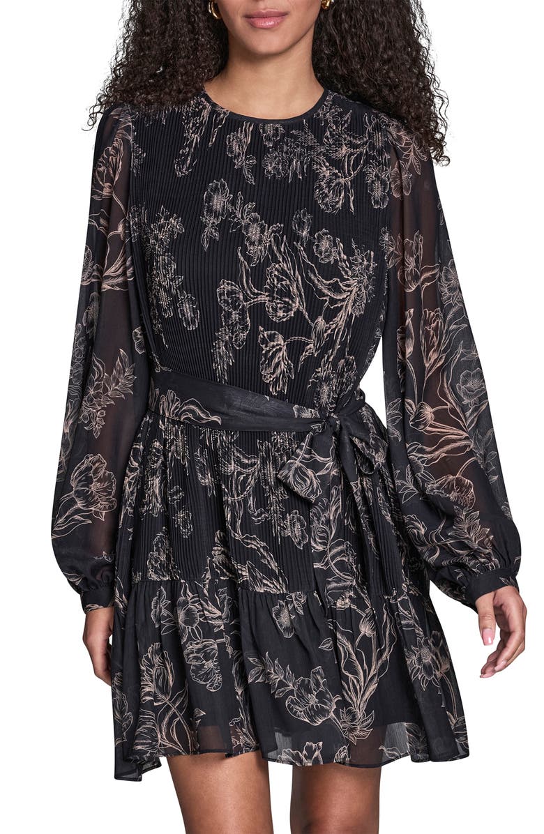 BCBG Floral Pleated Chiffon Long Sleeve Dress, Alternate, color, Black/ Moonlight