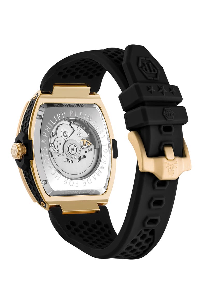 The $keleton Frosted Automatic Silicone Strap Watch, 44mm, Alternate, color, IP YELLOW GOLD