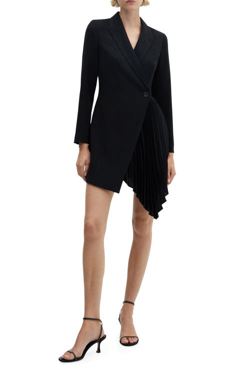 Pleated Asymmetric Long Sleeve Blazer Dress