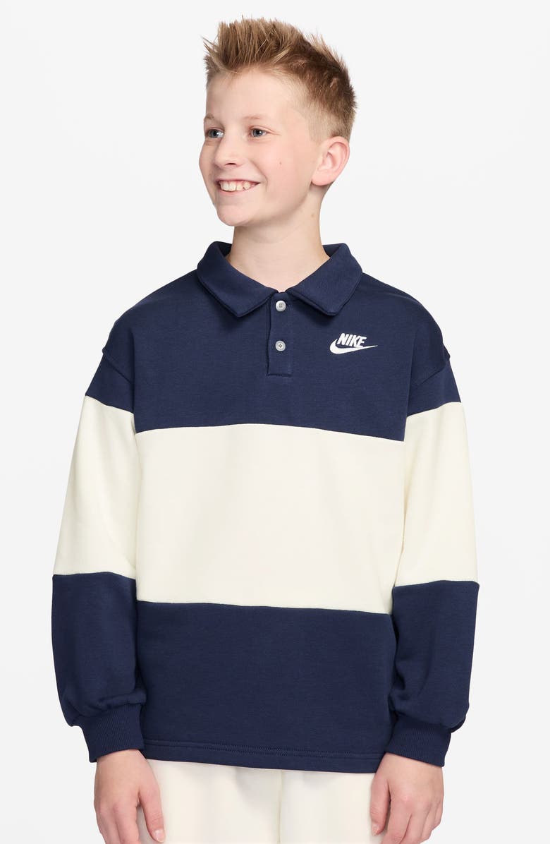 Nike Kids' Sportswear Club French Terry Rugby Shirt, Main, color, Midnight Navy/ Sail/ White