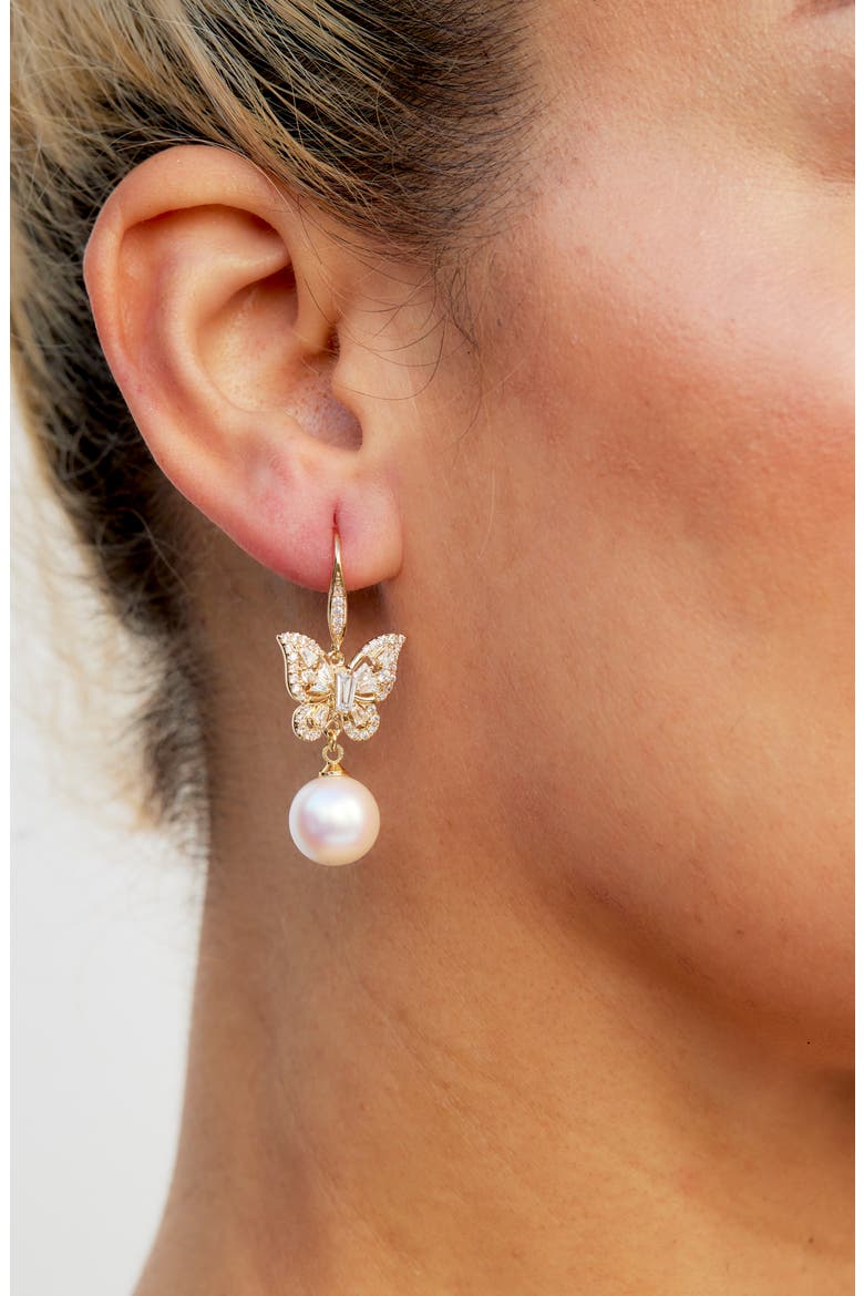 Cubic Zirconia & Faux Pearl Drop Butterfly Earrings, Alternate, color, GOLD