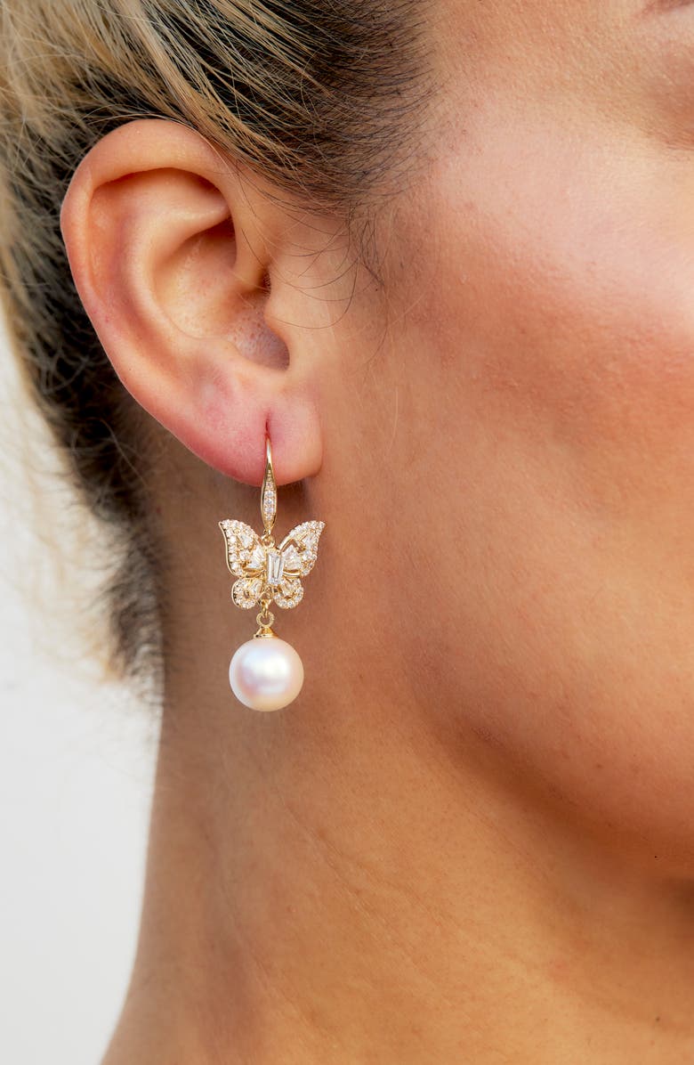 SAVVY CIE JEWELS Cubic Zirconia & Faux Pearl Drop Butterfly Earrings, Alternate, color, Gold