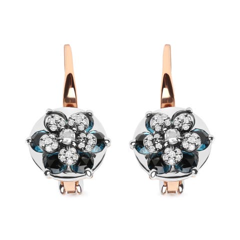 18K Gold 1/3 Cttw Diamonds & Blue Topaz Gemstone Cluster Floral Drop Hoop Earrings