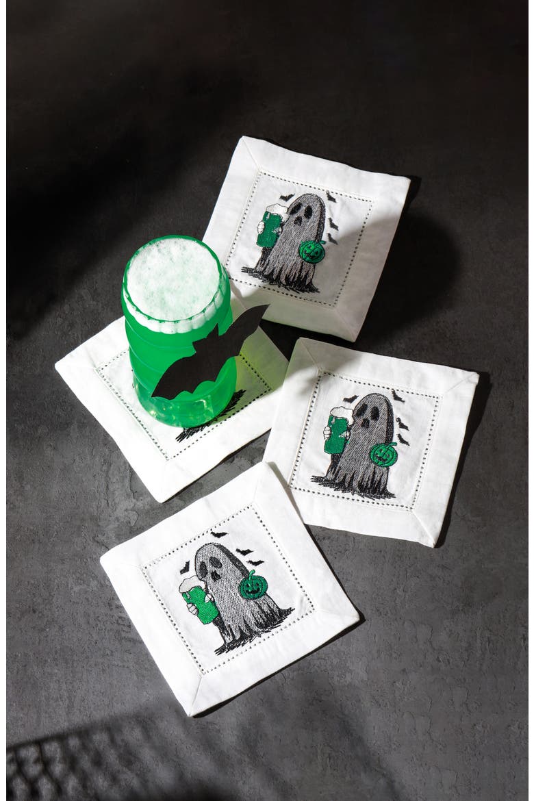 Boo-Zy Brew Embroidered Linen Cocktail Napkins, Alternate, color, BLACK/ GREEN