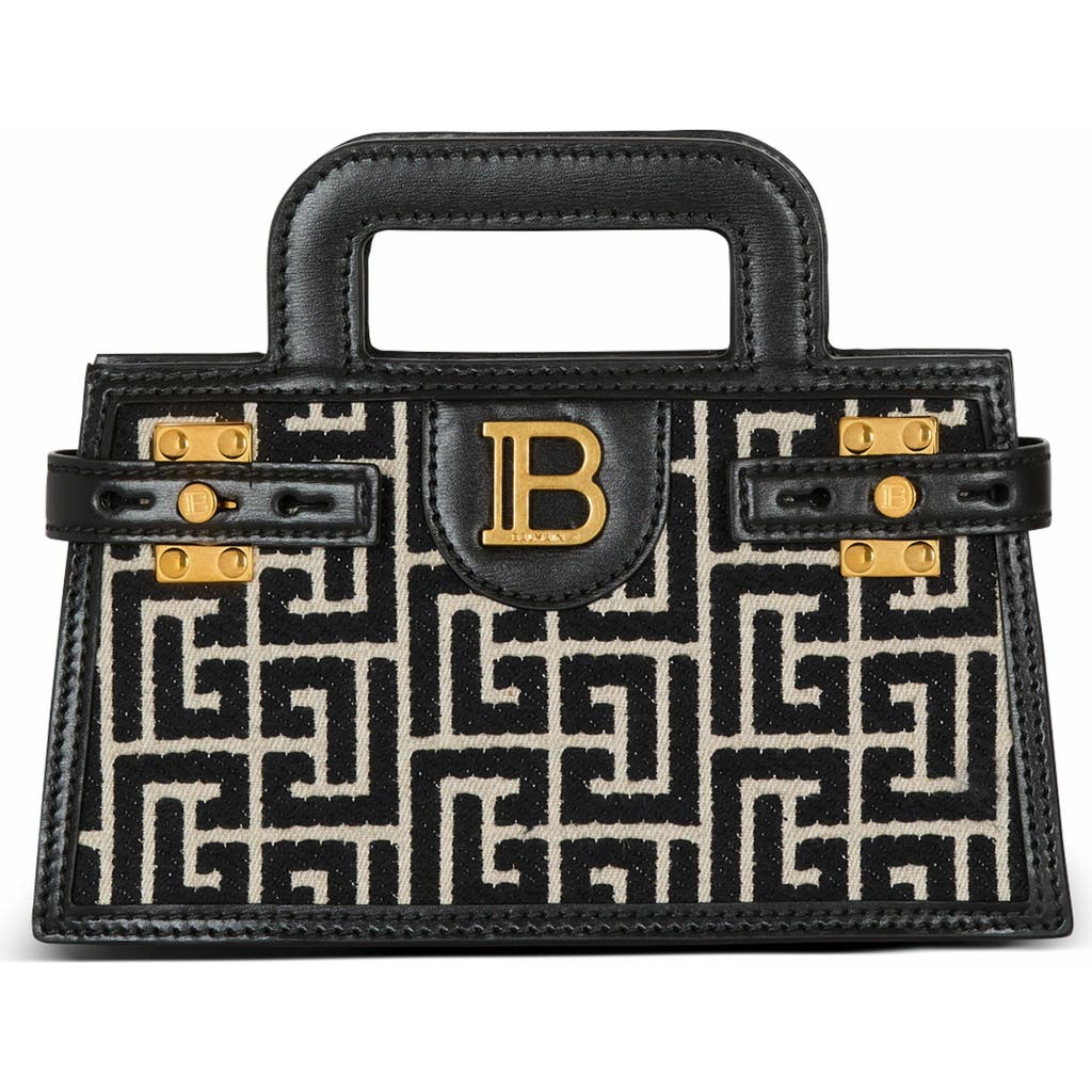 Balmain B-buzz Small Top Handle Monogrammed Canvas And Leather Bag In Black