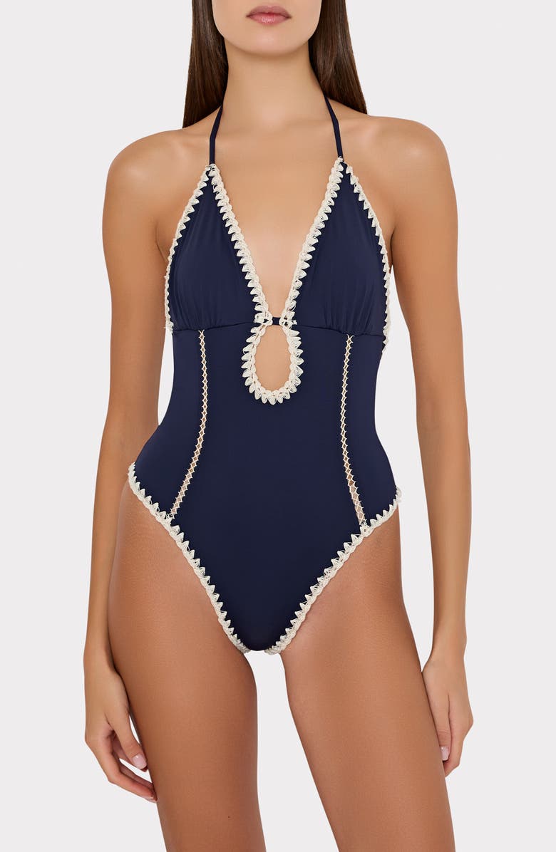 Milly Cutout Crochet Trim One-Piece Swimsuit, Main, color,