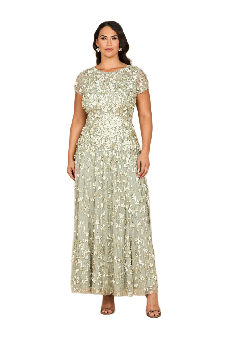 3D Floral Embellished Cap Sleeve Gown, Main, color, Sage Green