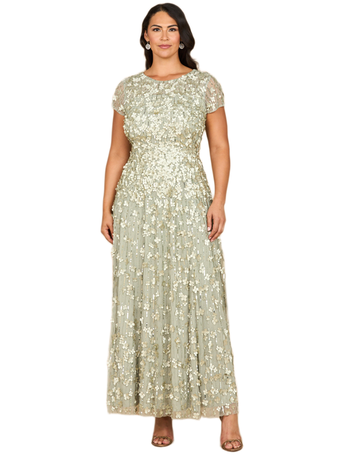 3D Floral Embellished Cap Sleeve Gown