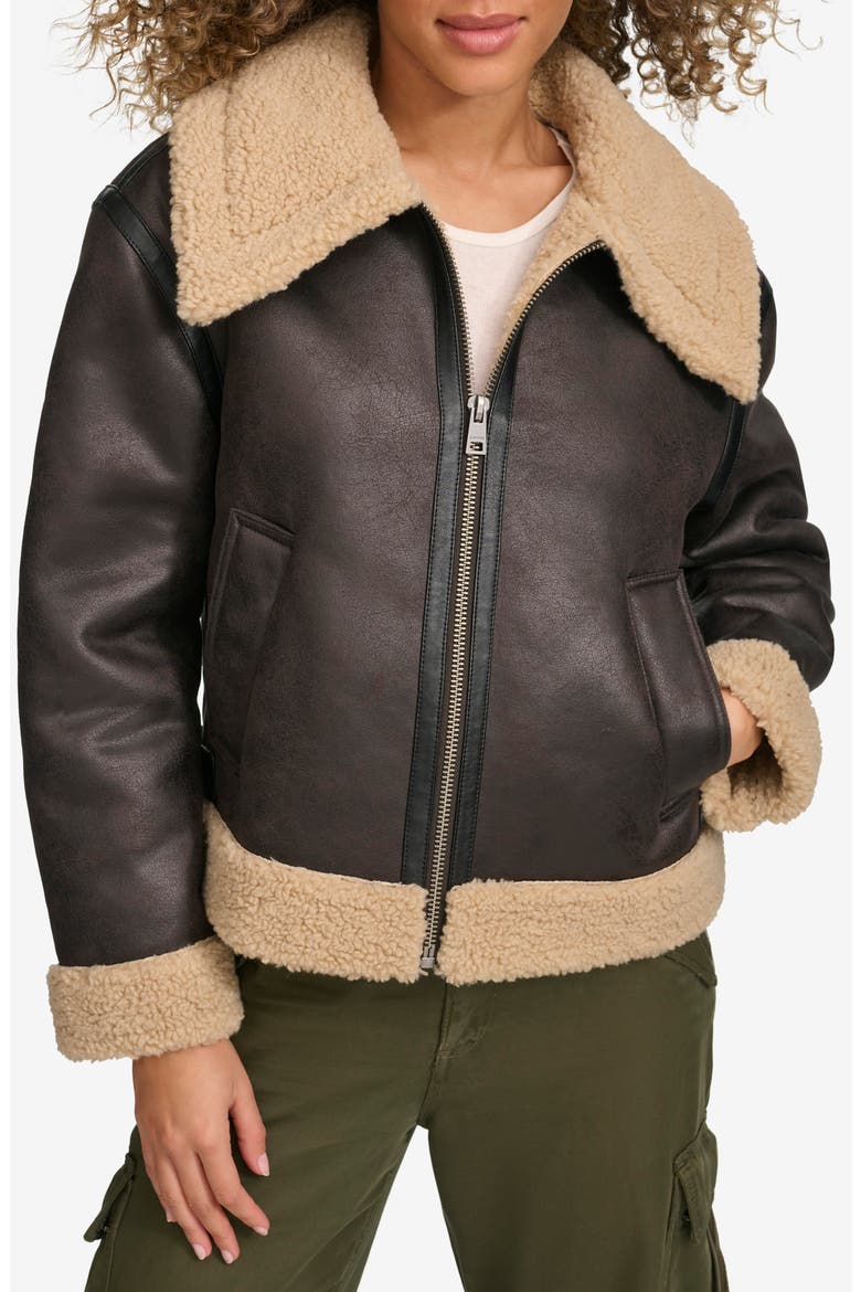 Faux Leather & Faux Shearling Bomber Jacket, Main, color, Molasses