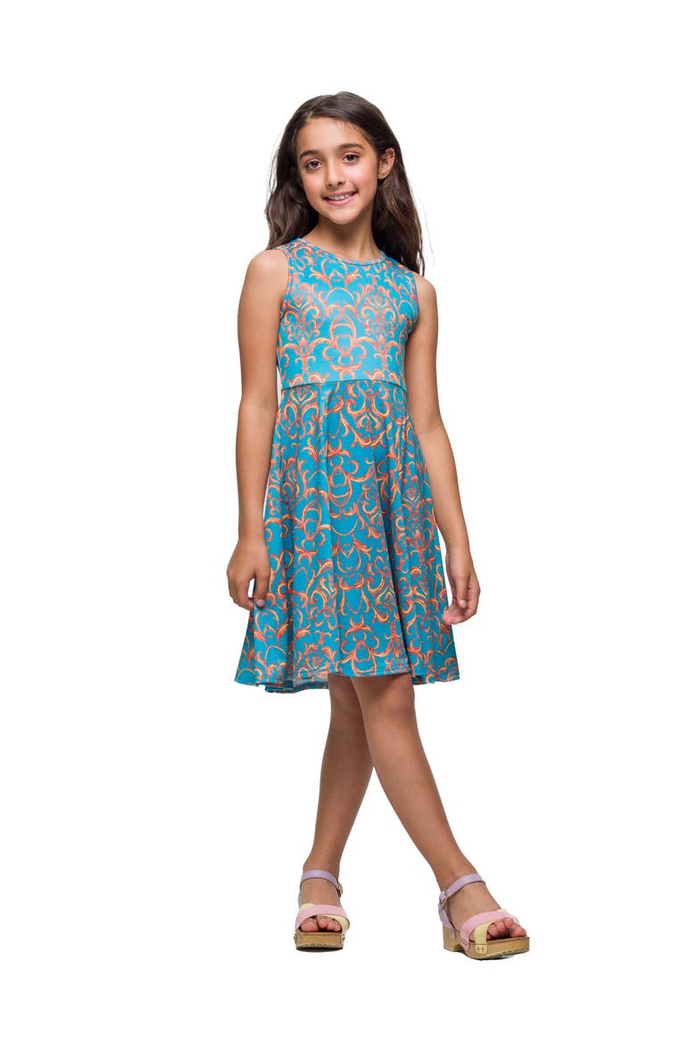 Sky Blue and Orange Print Fit and Flare Dress, Main, color, Blue Multi