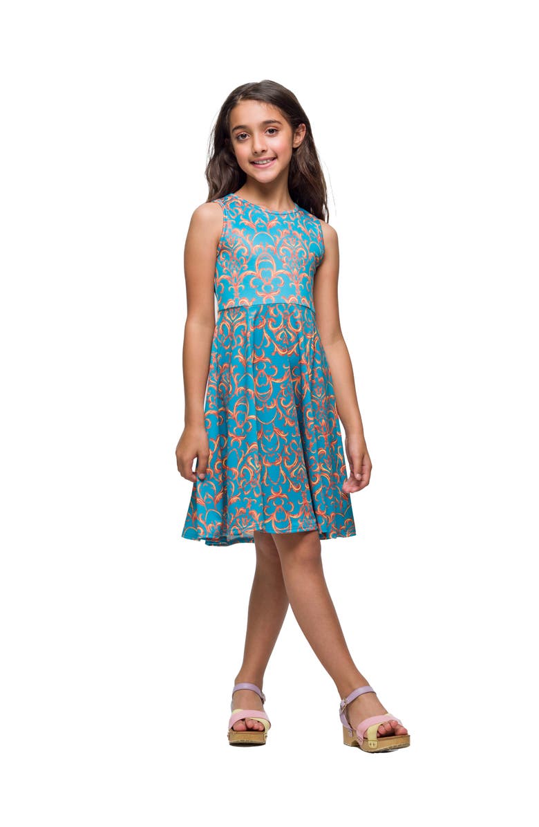 24sevenKid Sky Blue and Orange Print Fit and Flare Dress, Main, color, Blue Multi