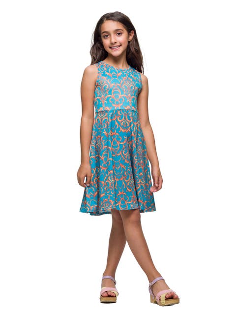 Sky Blue and Orange Print Fit and Flare Dress