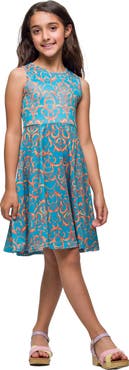 24sevenKid Sky Blue and Orange Print Fit and Flare Dress