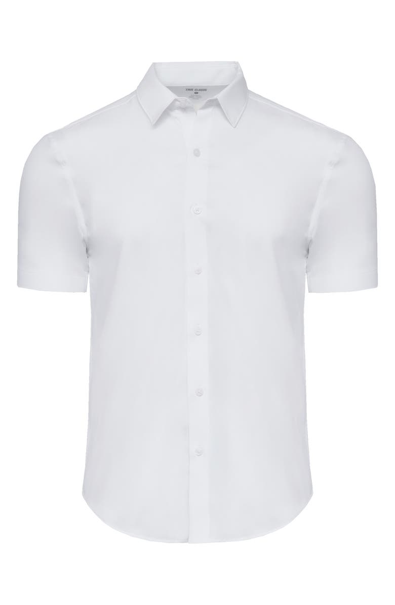 True Classic Slim Fit 4-Way Performance Stretch Short Sleeve Button-Up Shirt, Alternate, color, White