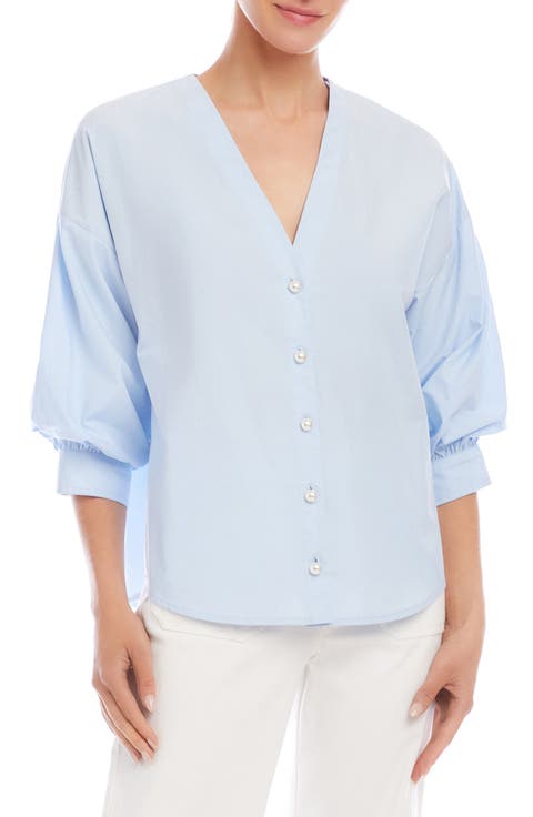 Lantern Sleeve Cotton Button-Up Shirt