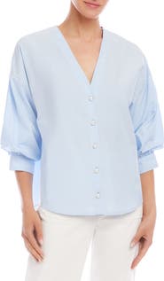Karen Kane Lantern Sleeve Cotton Button-Up Shirt