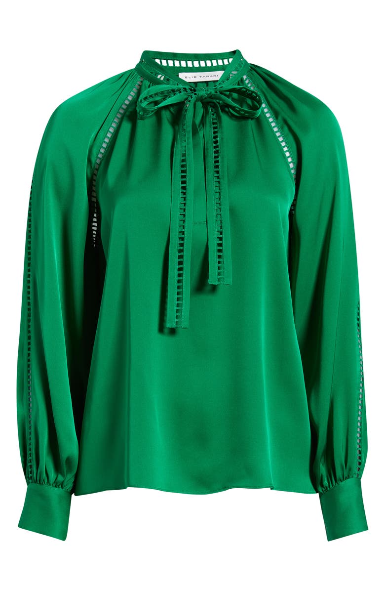 Elie Tahari The Angie Tie Neck Stretch Silk Top, Alternate, color, Green Lark