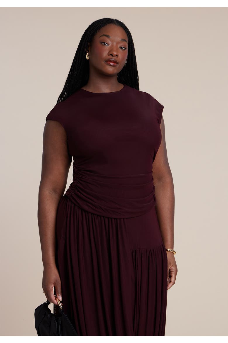 Drape Detail Fitted Mesh Dress, Alternate, color, WINE TASTING