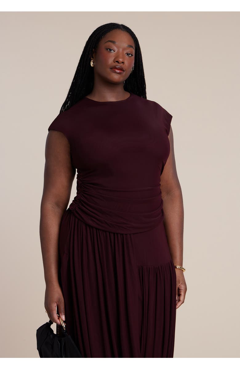 ELOQUII Drape Detail Fitted Mesh Dress, Alternate, color, Wine Tasting