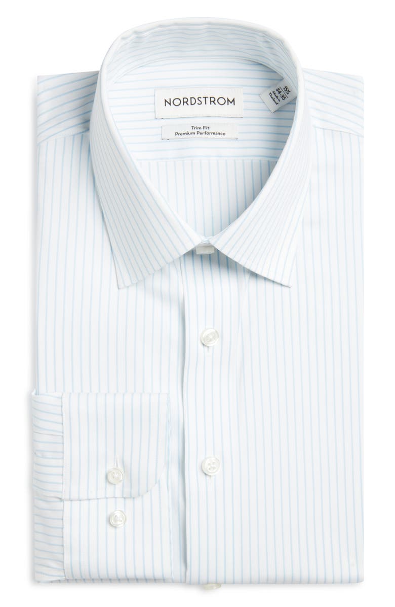 Nordstrom Trim Fit Premium Performance Dress Shirt, Main, color, Blue Ivoris Stripe