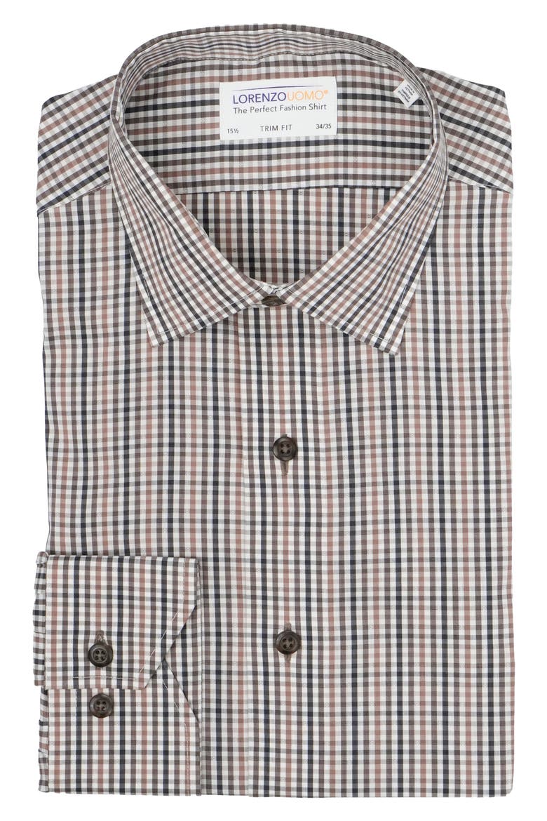Plaid Check Trim Fit Stretch Cotton Blend Dress Shirt, Main, color, MOCHA