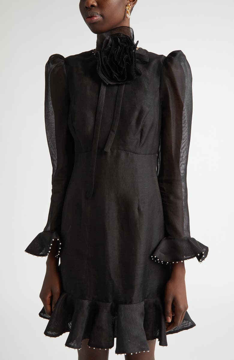 Crush Flower Long Sleeve Linen & Silk Dress