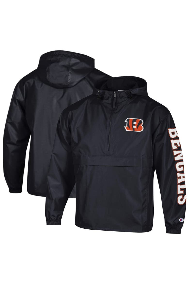Men's Champion Black Cincinnati Bengals Packable Hooded Windbreaker Half-Zip Jacket, Main, color, Black