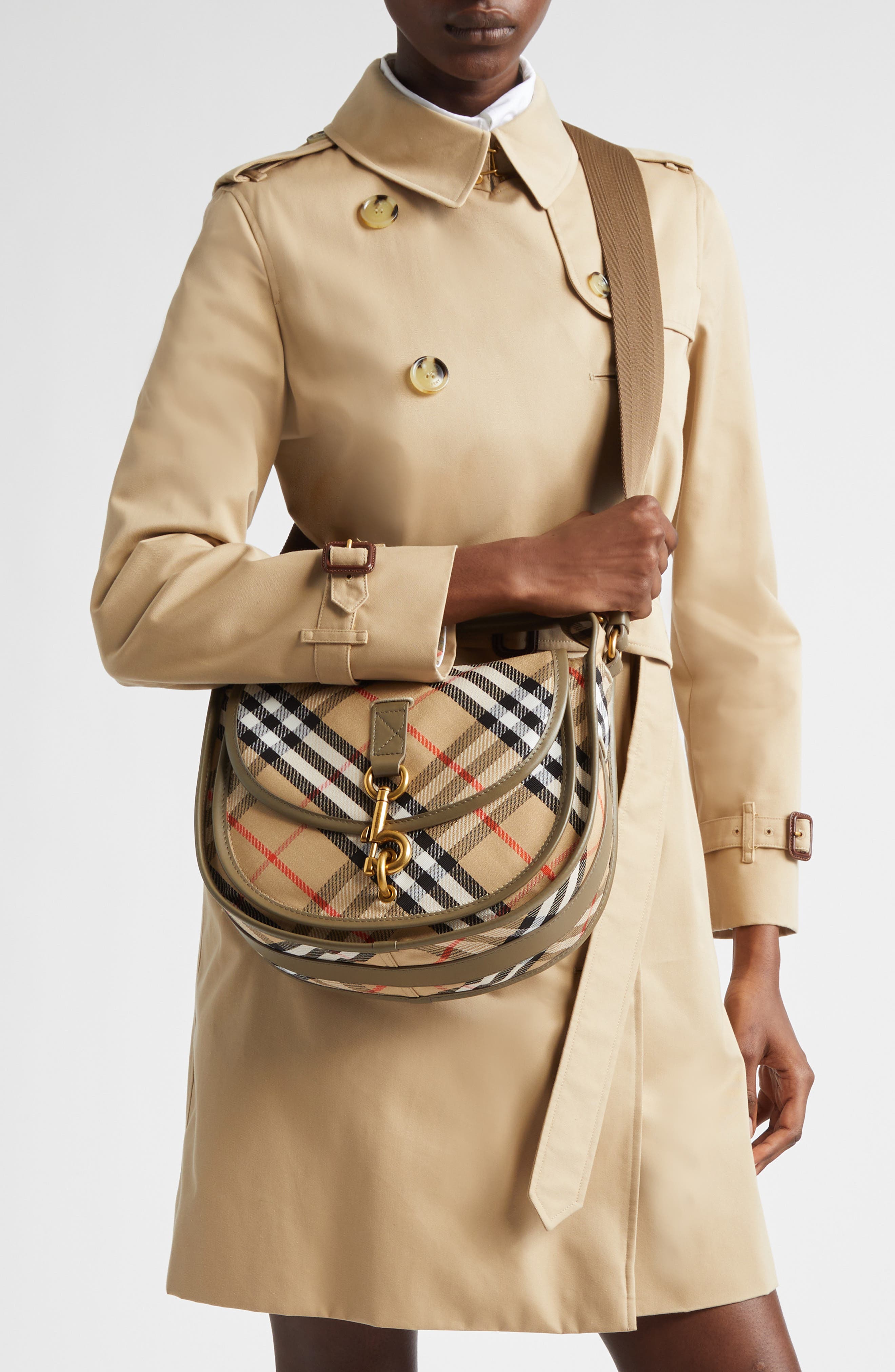 Burberry Small B Clip Check Messenger Bag, Alternate, color, Sand