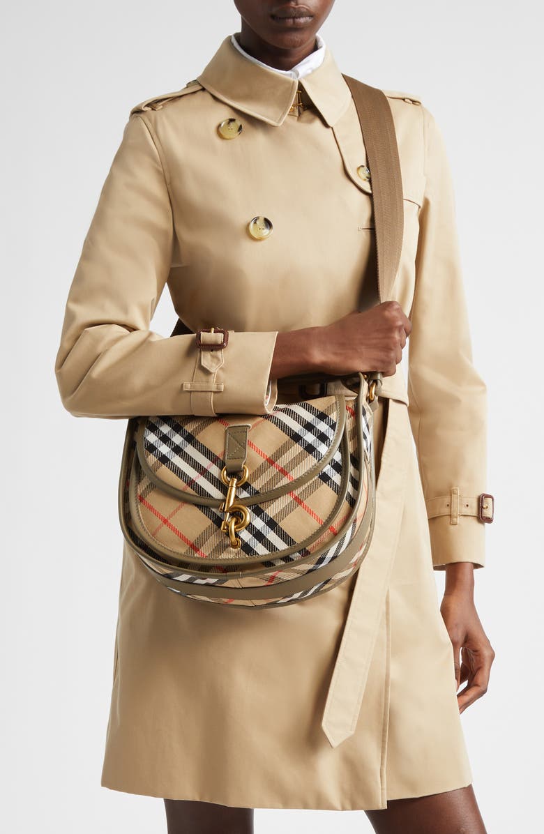 Burberry Small B Clip Check Messenger Bag, Alternate, color, Sand