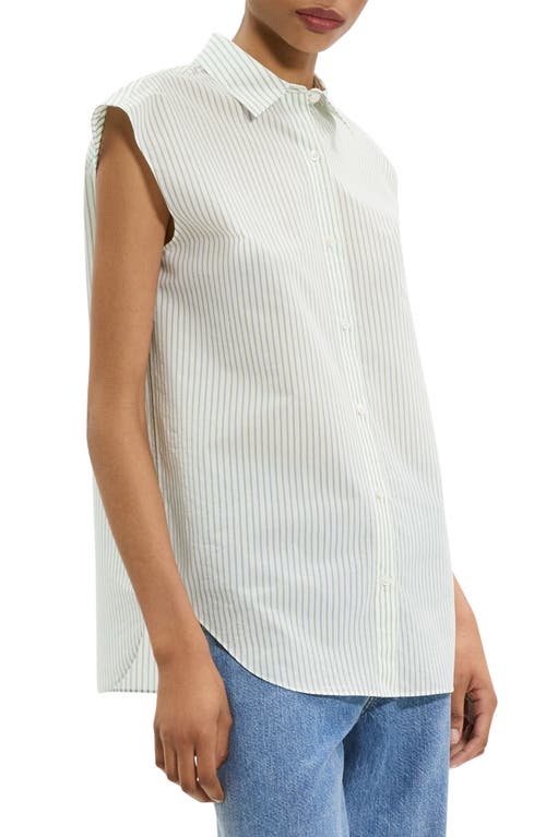Theory Cinched Cap-sleeve Shirt In Striped Cotton-blend In Multi