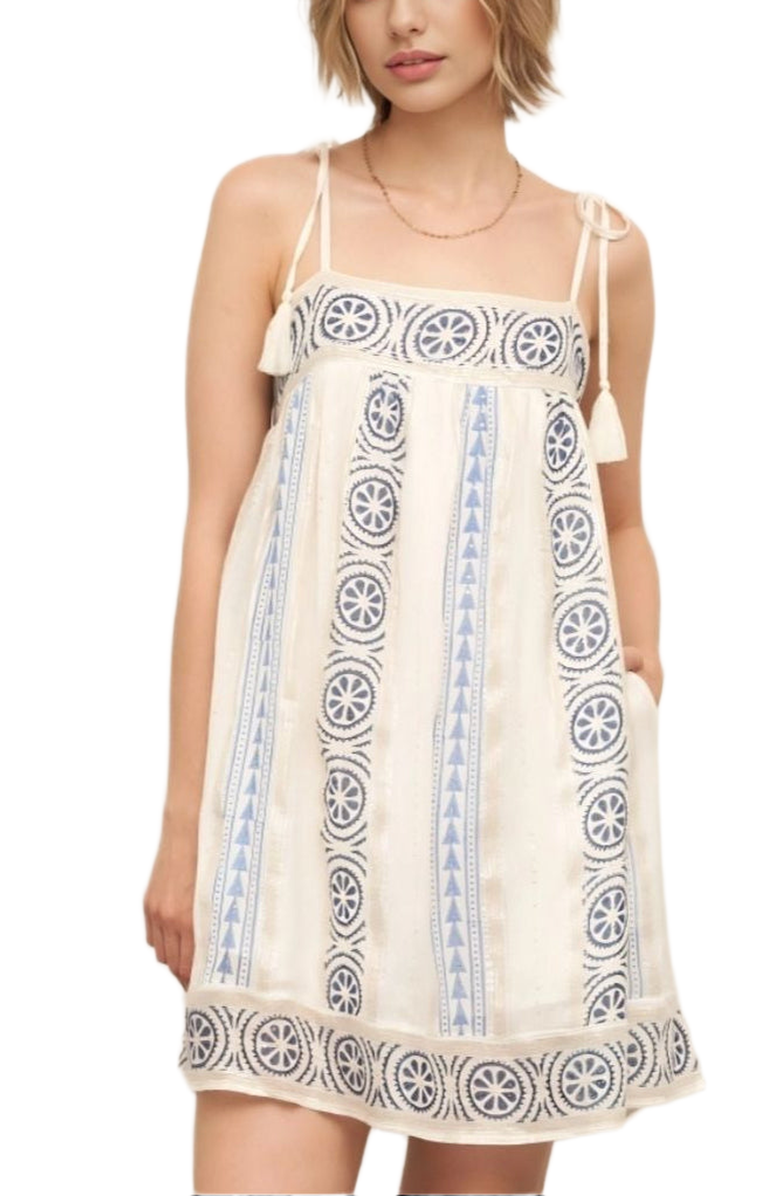 Knit and Lounge Embroidered Tassel Tie Strap Boho Mini Dress, Main, color, 
