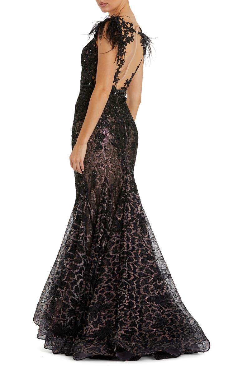 Mac Duggal Embellished Feather Cap Sleeve Trumpet Gown, Alternate, color, Black