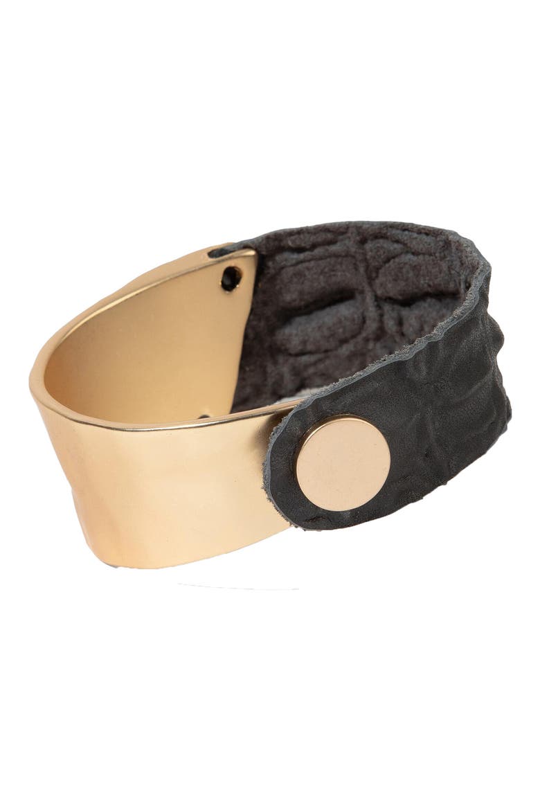 Textured Metal & Leather Bracelet, Alternate, color, BLACK/ GOLD