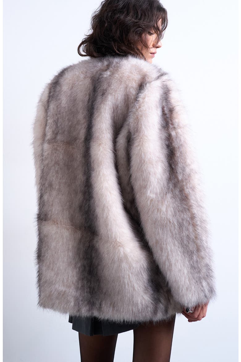 Collarless Faux Fur Coat, Alternate, color, GREY/ WHITE
