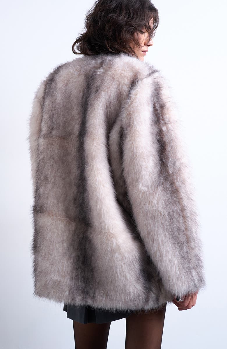 Topshop Collarless Faux Fur Coat, Alternate, color, Grey/ White